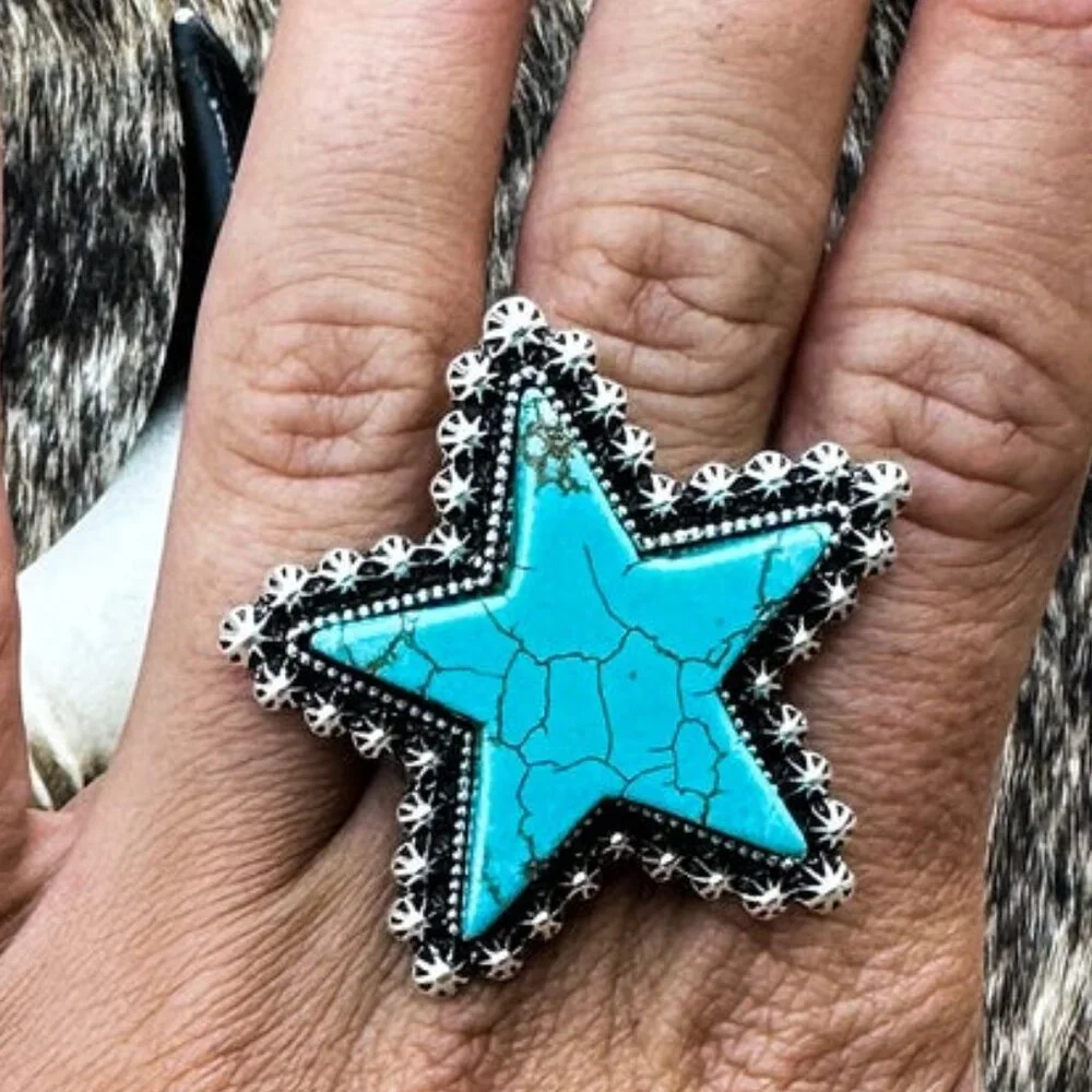 Turquoise White Black STAR Natural Stone Western Boho Style Stretch Ring Silver